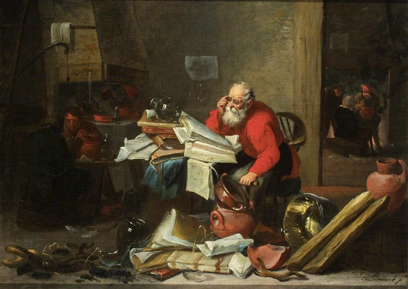 The Alchemist by Mattheus von Helmont (Antwerp 1623-After 1679, Brussels) Oil on Canvas. A bearded seated man facing three quarters left, with glasses and bright red shirt, bends over open book on desk stacked high with mess of books, papers, glassware. More of same at his feet plus broken and unbroken crockery, large copper pan, and strands of straw throughout. At left middle ground two men at table; behind them a man stands by a large furnace and pours from one vessel into another. To right in background through partition are three men around a free standing small furnace heating a pot. Van Helmont was a follower of Adrien Brouwer and David Teniers II. Popular subjects for these artists include peasant interiors, alchemists, doctors, and craftsmen at work.